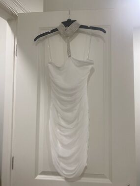 privy White Strapless Ruched Bodycon Dress with Rhinestone Halter Detail